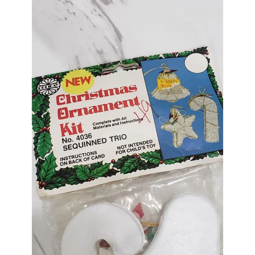 Holiday Industries Vintage Sequin Ornament Kit SET OF 3 TRIO candycane‎ star